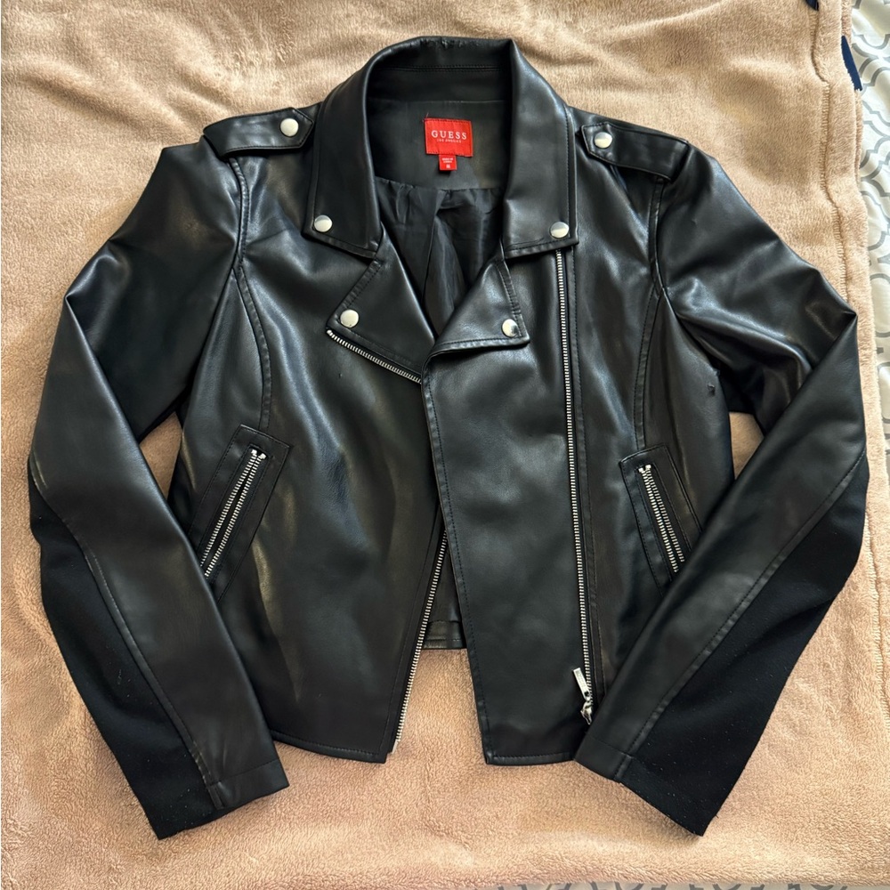 Guess Women's Sleek Black Faux Leather Biker Jacket